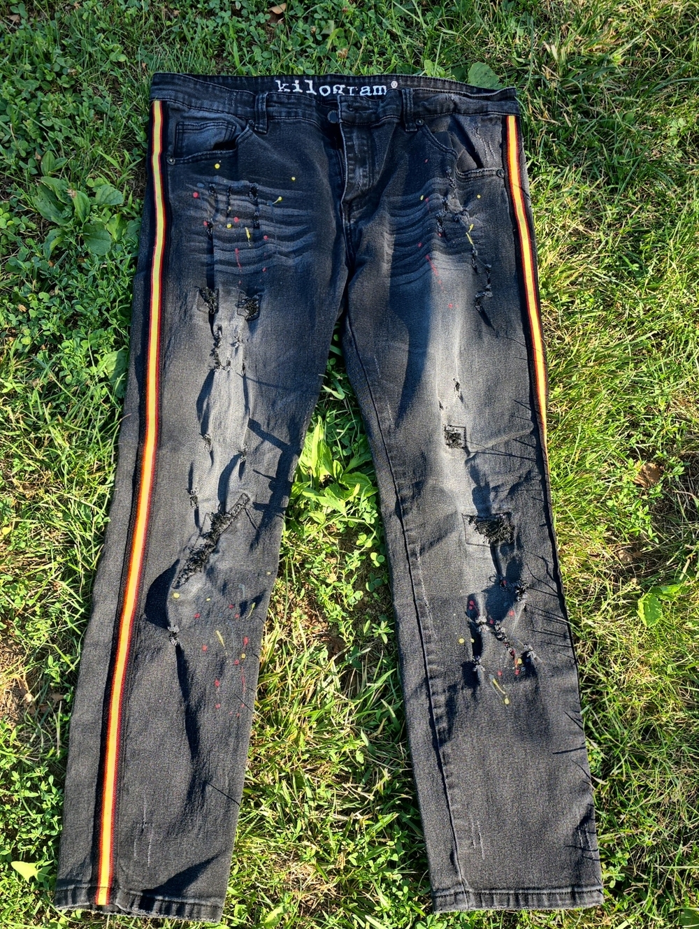 Kilofram Black Distressed Straight Jeans with Red-Orange Side Stripe